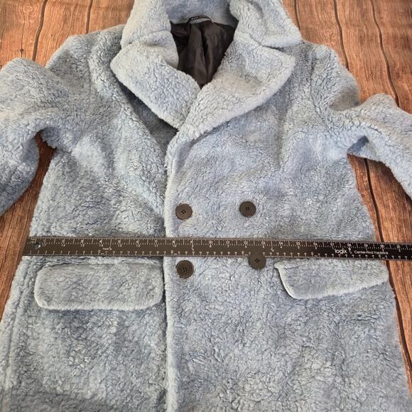 Zara Teddy Coat Womens S Blue Double Breasted Mid Length Faux Pockets Faux Fur - Picture 4 of 10